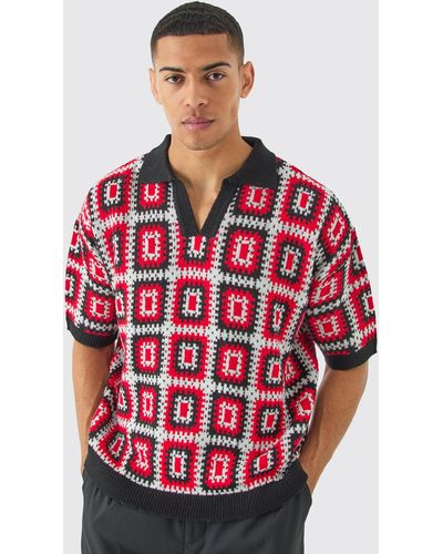 BoohooMAN Short Sleeve Boxy Fit Revere Crochet Polo In Red