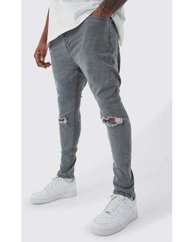 BoohooMAN Plus Super Skinny Stretch Ripped Knee Jeans - Blue