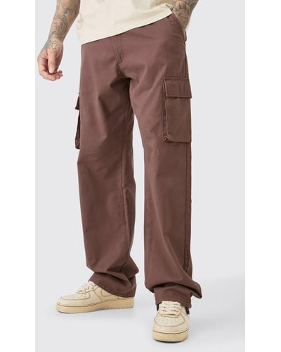 BoohooMAN Tall Fixed Waist Twill Relaxed Fit Cargo Tab Trouser - Braun