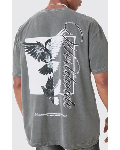 BoohooMAN Oversized Dove Worldwide Back Print T-shirt - Grey