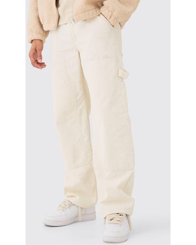 Boohoo Baggy Carpenter Acid Wash Cord Trouser In Sand - White