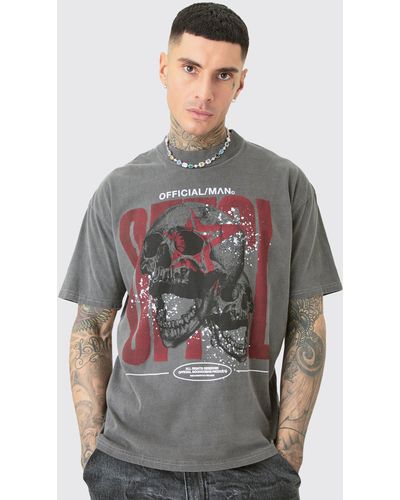 BoohooMAN Tall Acid Wash Ofcl Skull Graphic T-shirt - Gray