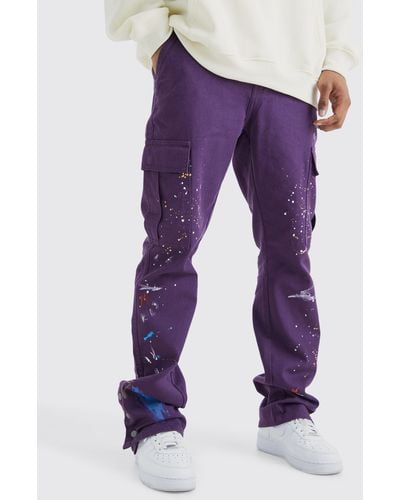 BoohooMAN Slim Flare Popper Hem Paint Splatter Cargo Trouser - Purple