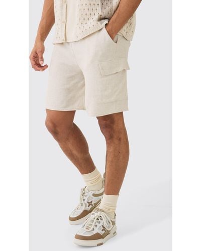 BoohooMAN Linen Look Pin Tuck Elasticated Waist Cargo Relaxed Shorts - Natural