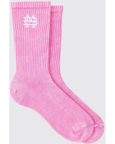 BoohooMAN Acid Wash Bm Embroidered Socks In Pink