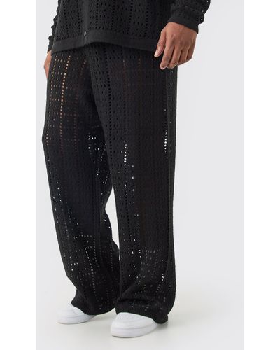 BoohooMAN Plus Relaxed Fit Crochet Knit Trousers In Black
