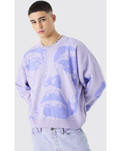 BoohooMAN Oversized Boxy Drop Shoulder Face Jacquard Knit Sweater - Purple