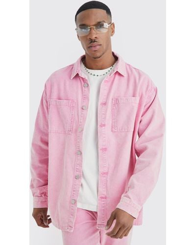 BoohooMAN Oversized Long Sleeve Acid Wash Cord Shirt - Pink