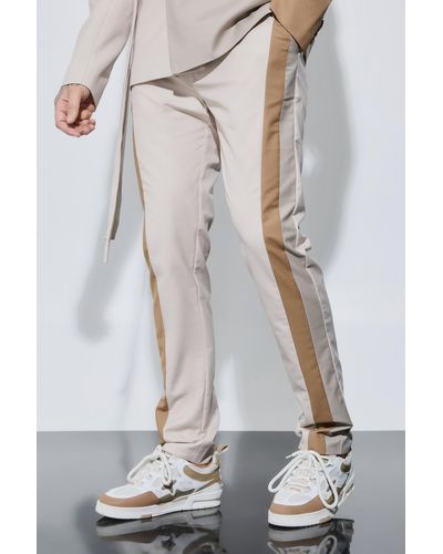 BoohooMAN Tall Skinny Fit Colour Block Panel Suit Trousers - Natural