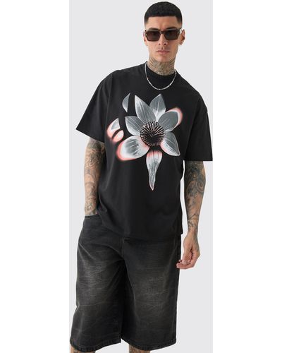 BoohooMAN Tall Oversized Extended Neck Abstract Floral Print T-shirt - Black