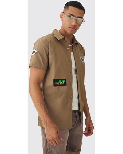BoohooMAN Long Sleeve Concealed Placket Moto Poplin Shirt - Brown