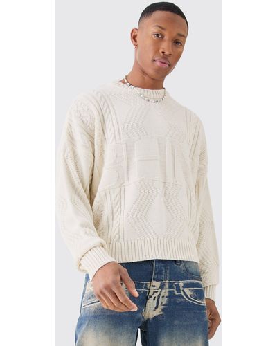 BoohooMAN Oversized Boxy Bhm Cable Knit Jumper - Grey