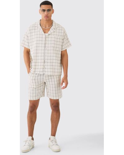 BoohooMAN Boxy Textured Grid Flannel Shirt And Short - White