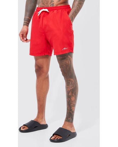 BoohooMAN Man Signature Mid Length Swim Shorts - Red