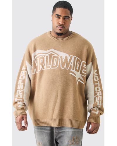 BoohooMAN Plus Oversized Knitted Wrldwide Drop Shoulder Jumper In Taup - Natural