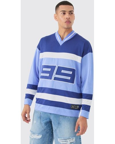 BoohooMAN V Neck Colourblock Mesh Long Sleeve T-shirt - Blue