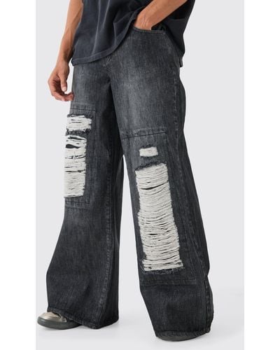 BoohooMAN Baggy Rigid Extreme Ripped Denim Jean In Washed Black - Schwarz