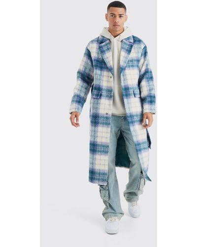 BoohooMAN Longline Brushed Check Belted Overcoat - Blue