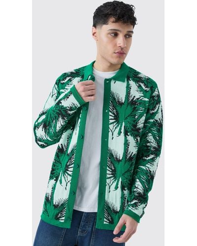 BoohooMAN Long Sleeve Palm Patterned Knitted Shirt In Teal - Green