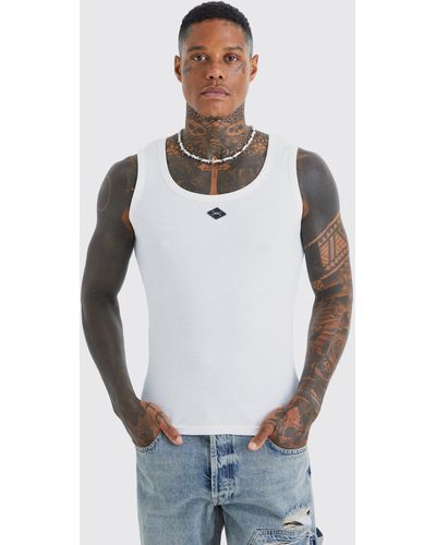 BoohooMAN Ribbed Branded Muscle Fit Vest - Blue