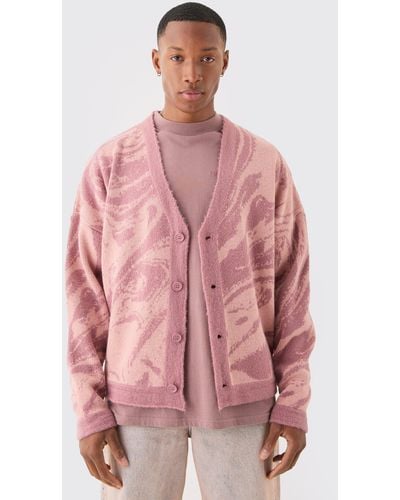 BoohooMAN Boxy Oversized Brushed Abstract All Over Jacquard Cardigan - Pink