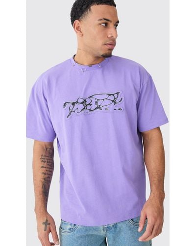 BoohooMAN Oversized Heavy Interlock Distressed Applique T-shirt - Purple