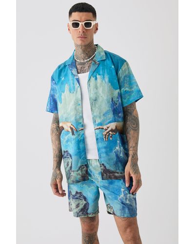 BoohooMAN Tall Oversized Renaissance Print Shirt & Swim Short Set - Blue
