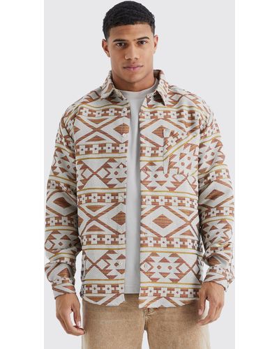 BoohooMAN Long Sleeve Aztec Jacquard Oversized Overshirt - Brown