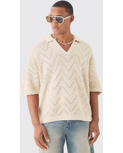 BoohooMAN Boxy Oversized Open Stitch Knitted Polo - Natural