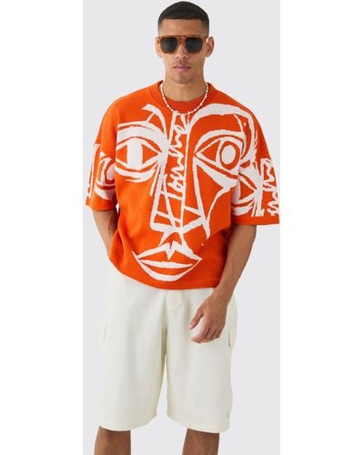 BoohooMAN Oversized Face Line Drawing Knitted T-shirt - Orange