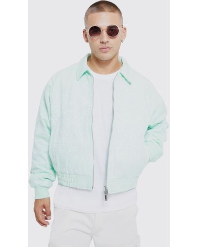 BoohooMAN Boxy Heavy Twill Embroidered Collared Bomber - White