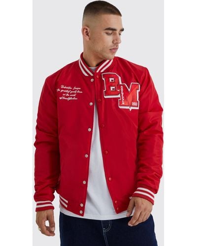 BoohooMAN Nylon Varsity Jacket With Badges - Red