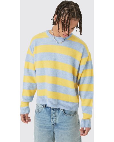 BoohooMAN Oversized Boxy Stripe Knit Sweater In Light Blue