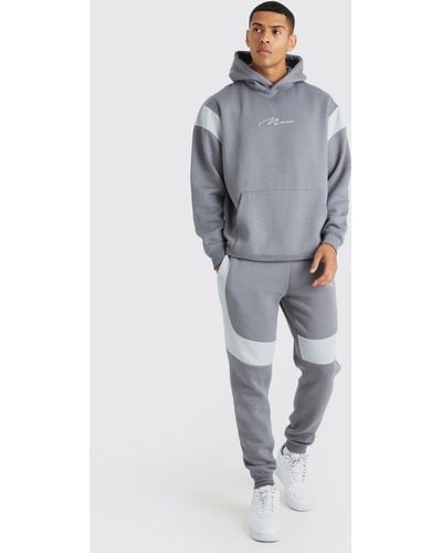 BoohooMAN Oversized Man Color Block Hooded Tracksuit - Gray