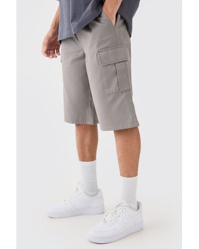 BoohooMAN Elastic Waist Grey Relaxed Fit Longer Length Cargo Shorts