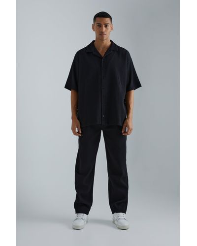 BoohooMAN Oversized Short Sleeve Pleated Shirt & Straight Trouser - Black
