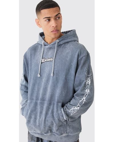 BoohooMAN Oversized Acid Wash Embroidered Wing Graphic Hoodie - Blue