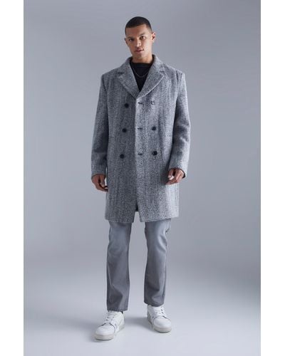 BoohooMAN Tall Wool Look Herringbone Overcoat - Blue