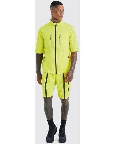 BoohooMAN Short Sleeve Technical Utility Shirt & Short Set - Yellow