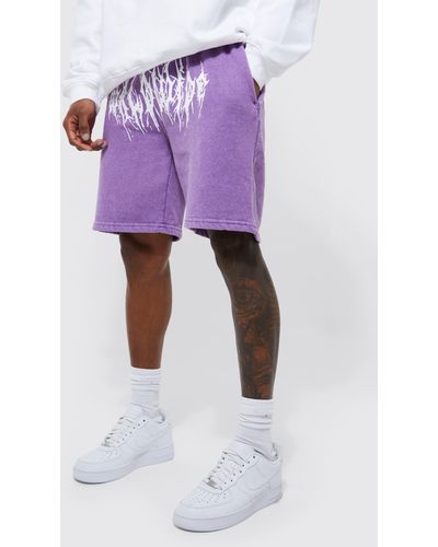 BoohooMAN Slim Overdyed Worldwide Graphic Jersey Short - Purple