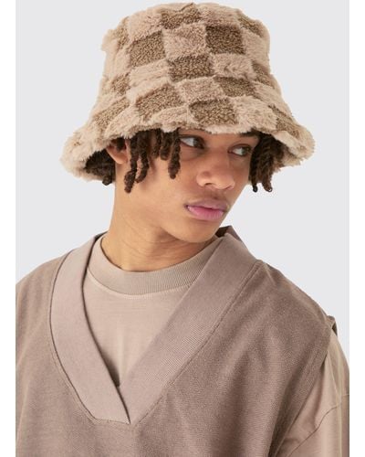 BoohooMAN Flannelerboard Fluffy Bucket Hat In Taupe - Natural