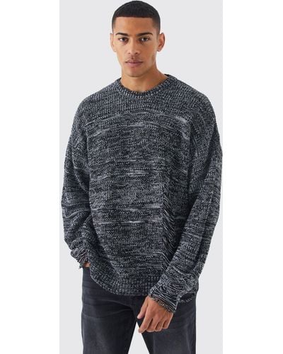 BoohooMAN Oversized Distressed 2 Tone Knit Sweater - Blue
