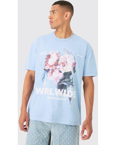 BoohooMAN Oversized Painted Floral Print T-shirt - Blue