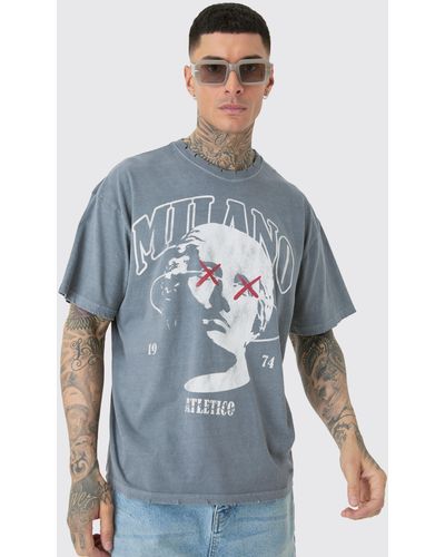 BoohooMAN Tall Distressed Oversized Overdye Milano Graphic T-shirt - Blue