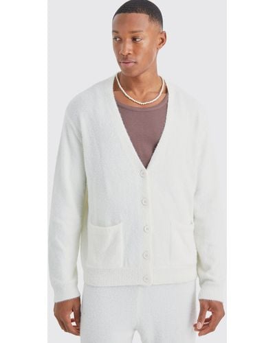 BoohooMAN Boxy Fluffy Knitted Cardigan - White