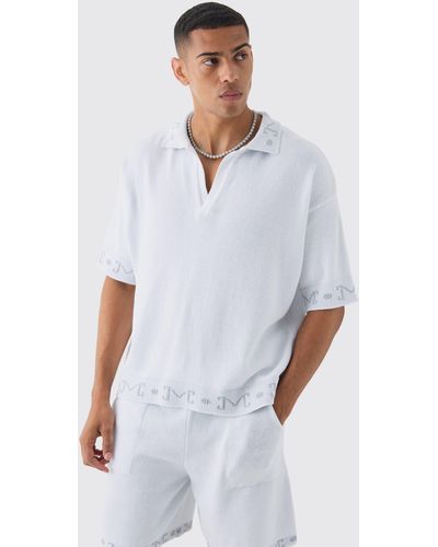 BoohooMAN Relaxed Jacquard Detail Knitted Polo In White - Weiß