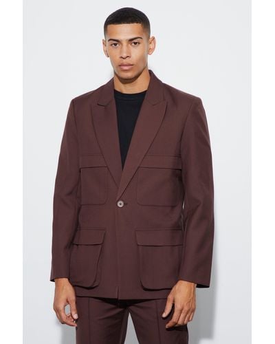 BoohooMAN Relaxed Fit Cargo Blazer - Brown