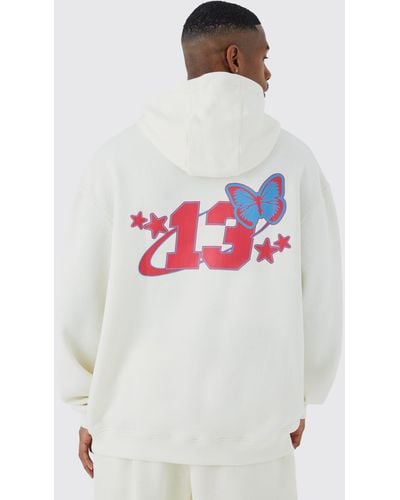 BoohooMAN Oversized Varsity Butterfly Graphic Hoodie - White