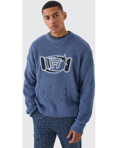 BoohooMAN Oversized Boxy Laddered Applique Knit Jumper - Blue