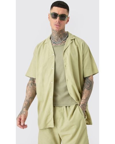 BoohooMAN Tall Oversized Linen Drop Revere Shirt & Short Set In Sage - Green